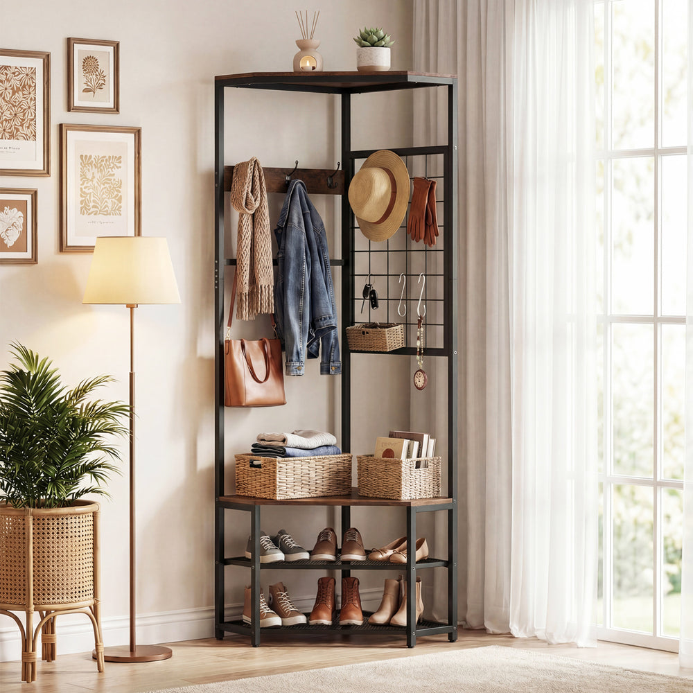Corner Hall Tree Freestanding Coat Rack with Storage Shelves Removable Hooks-Brown - Gallery View 1 of 10