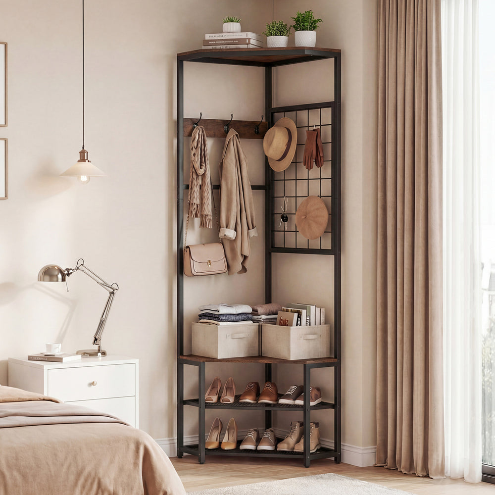 Freestanding corner hall tree in brown with coat hooks and storage shelves, perfect for entryway or bedroom.