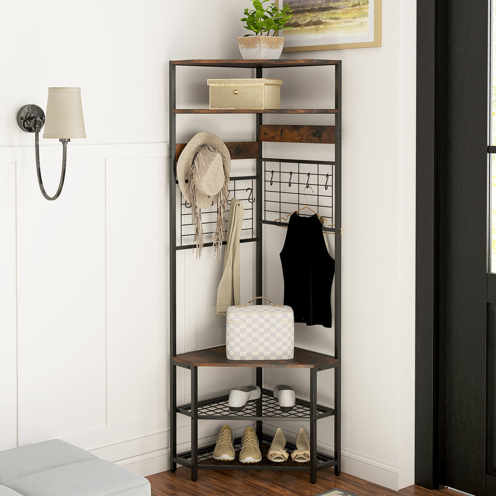 5-Tier Corner Hall Tree with Shoe Storage Bench-Rustic Brown - Gallery View 1 of 10
