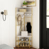 5-tier corner hall tree in white with shoe storage bench, hooks, and decorative top shelf for hallway organization.