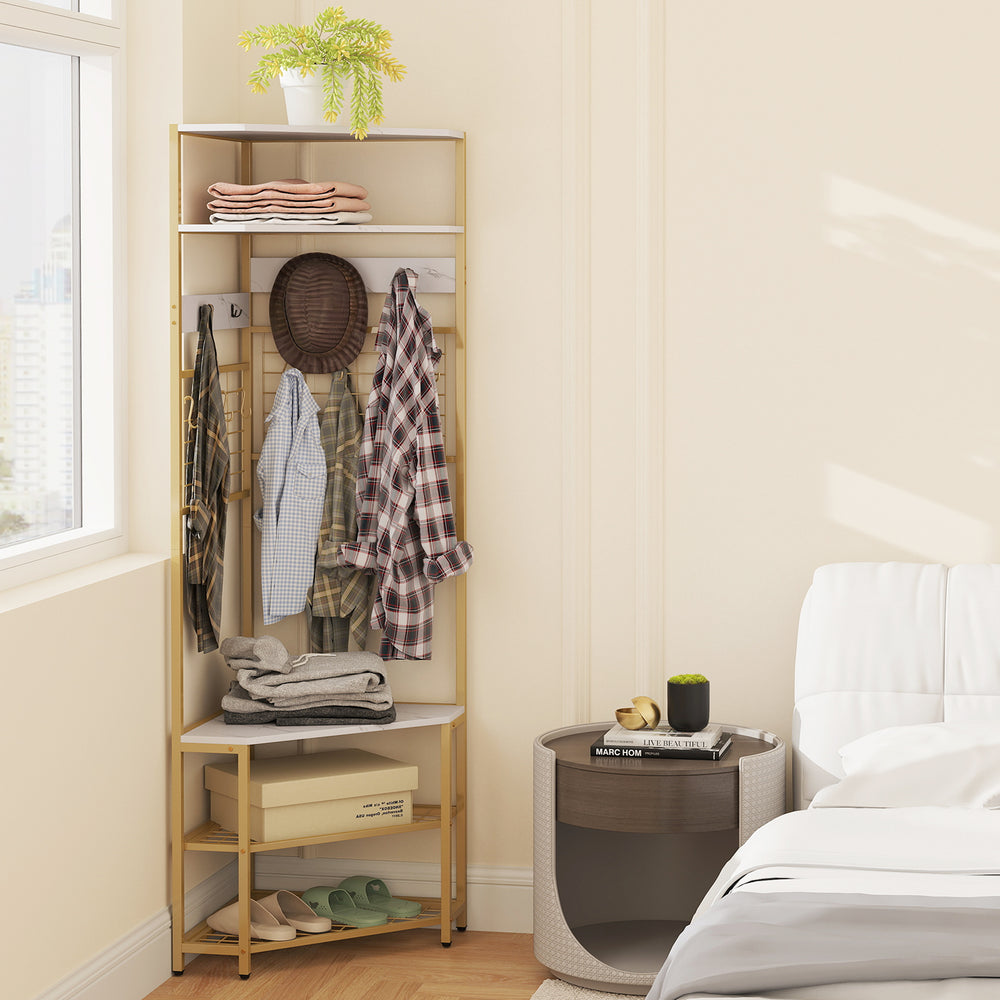 5-tier corner hall tree with shoe storage bench in white, featuring hooks and shelves for efficient organization in any.