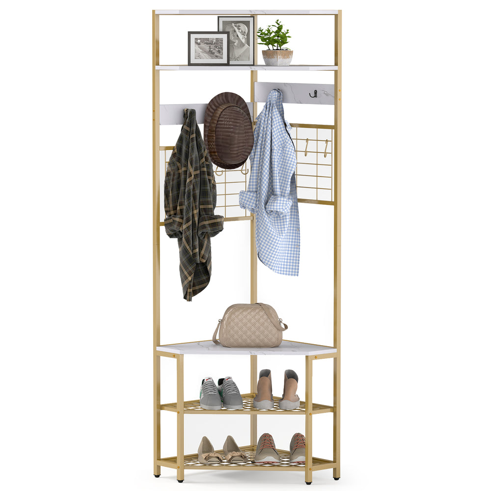 5-tier corner hall tree with shoe storage bench in white, featuring hooks and shelves for efficient organization.