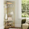 5-tier corner hall tree in white with shoe storage bench, hooks, and durable metal frame for hallway organization.