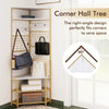 5-tier corner hall tree in white with shoe storage bench and hooks, perfect for saving space in hallways or living.