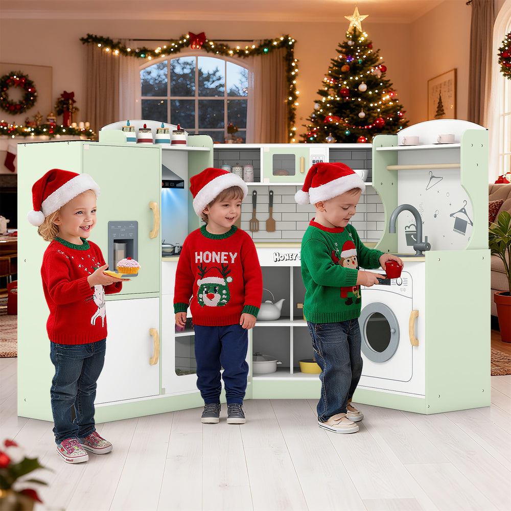 Corner Kids Play Kitchen with Washing Machine and Ice Maker Gift for Boys Girls-Green - Gallery View 1 of 9