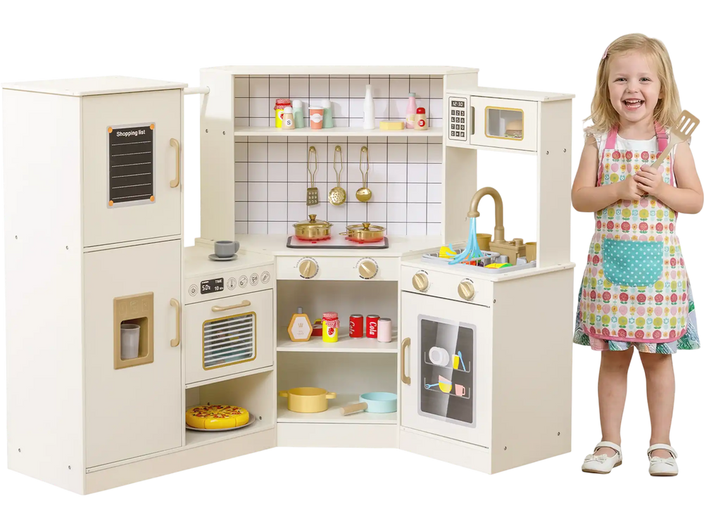 Corner kids play kitchen in beige with stoves, oven, and interactive features for immersive culinary role-play.