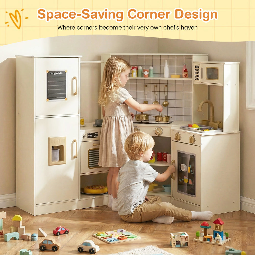 Children play with the beige Corner Kids Play Kitchen featuring interactive stoves, oven, and ample storage for.