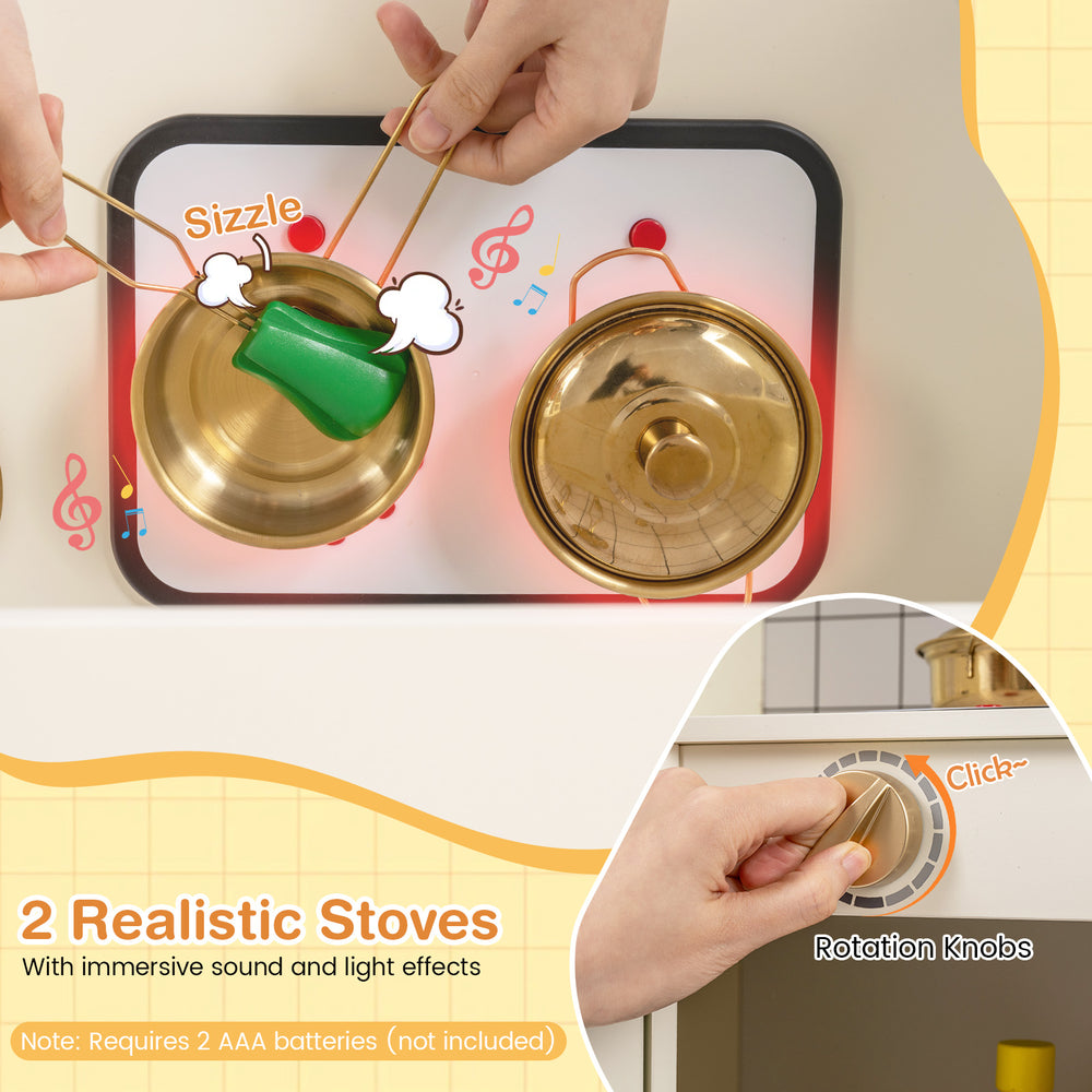 Interactive beige kids play kitchen with two realistic stoves, lights, sounds, and rotating knobs for immersive.