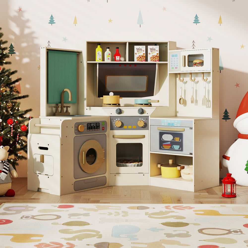 Corner Kitchen Toys with Lights and Sounds with Pull-out Trash Can and Stoves-Off White - Gallery View 1 of 11