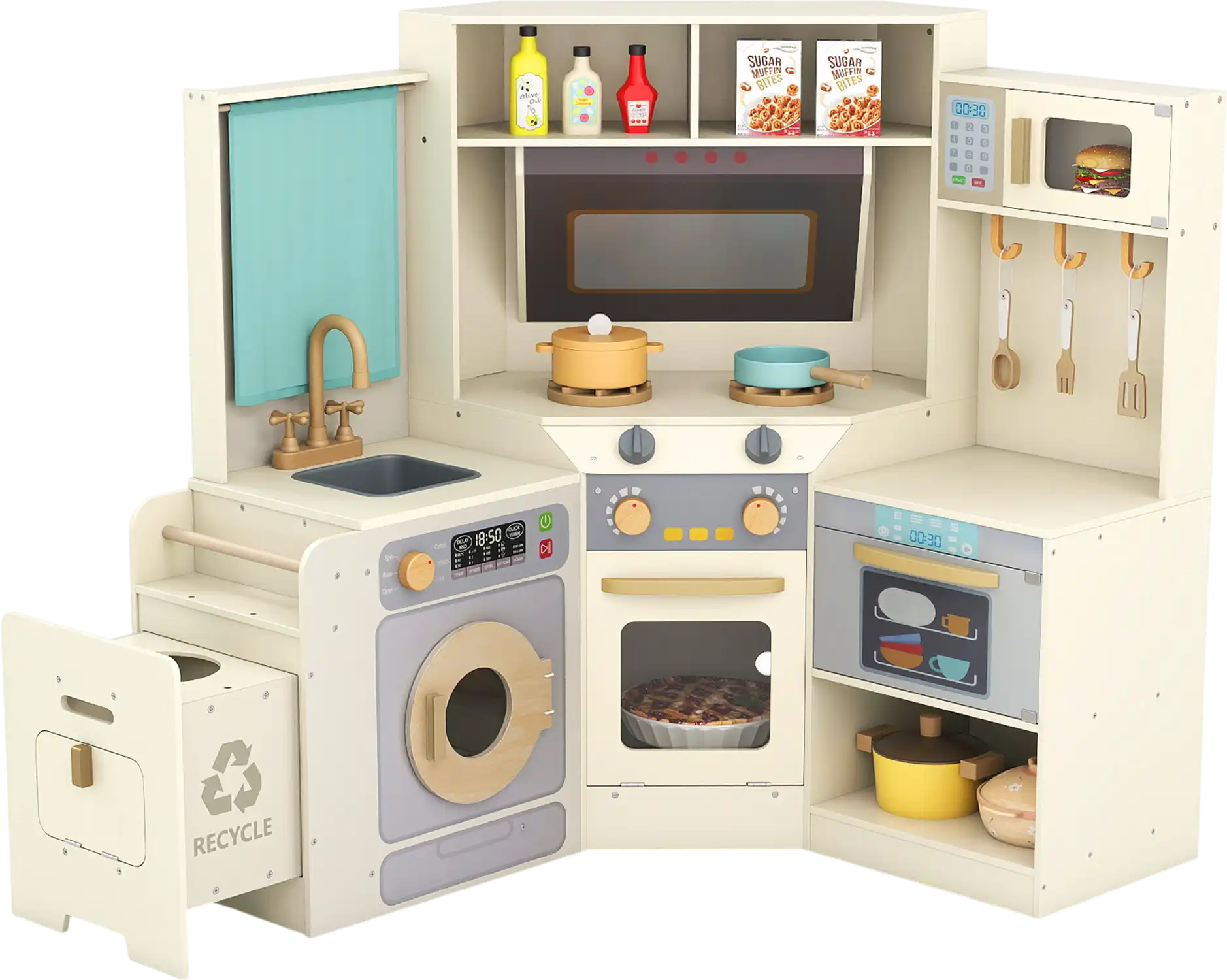 Costway Corner Kids Play Kitchen Lights Sounds Pull-Out Trash Can Stoves 12925845 New