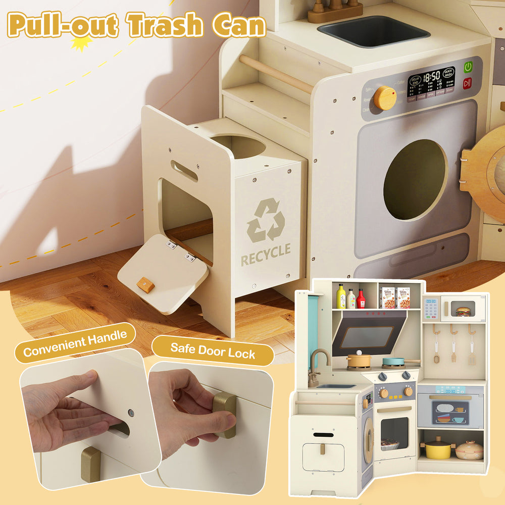 Pull-out trash can with convenient handle in corner kitchen toy set, featuring lights and sounds for interactive play.