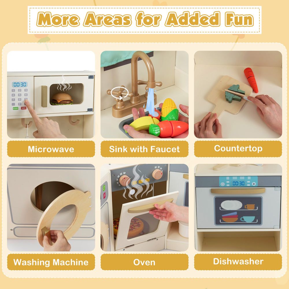 Corner kitchen toy set featuring a microwave, sink, oven, and washing machine for imaginative play and skill.