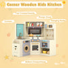 Corner wooden kids kitchen with light-up stoves, pull-out trash can, and organized compartments for imaginative play.