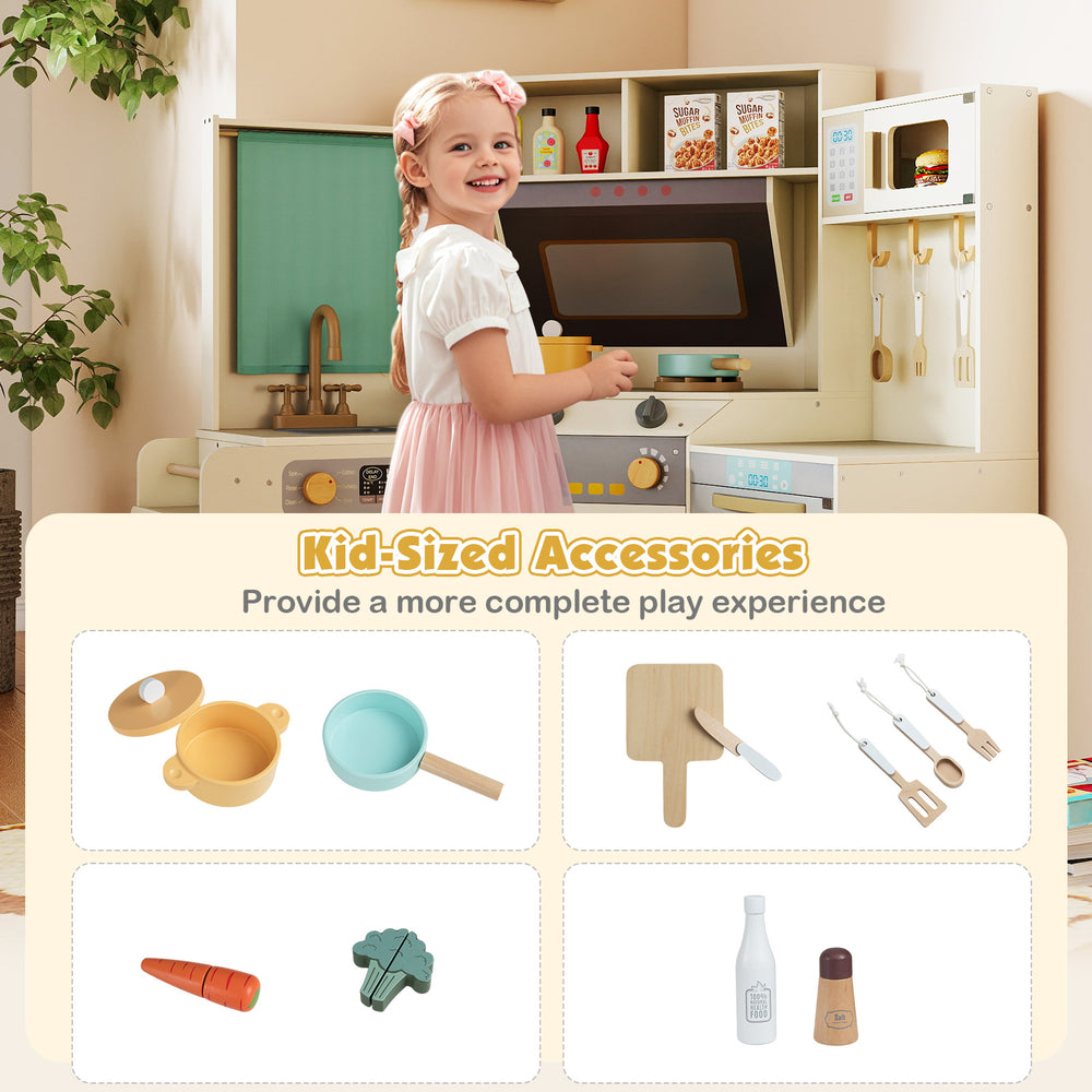 Kid-sized kitchen accessories including pots, utensils, and a carrot for enhanced play with the Corner Kitchen Toys.