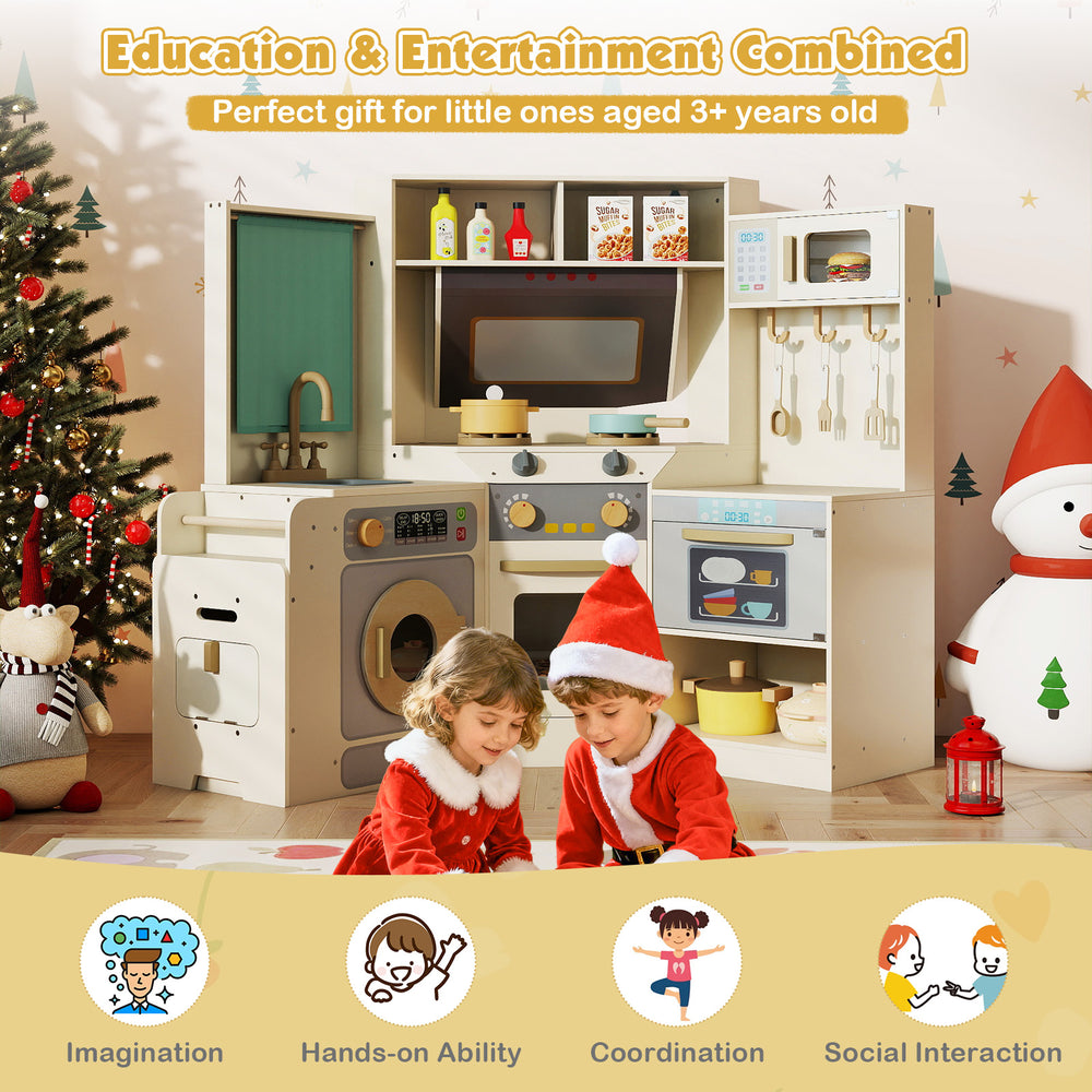 Corner kitchen toy set in off-white with lights, sounds, and pull-out trash can for imaginative play and skill.