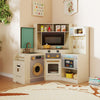 Detail of the corner kitchen toy set showing the light-up stove, rotary knobs, and organized compartments for.