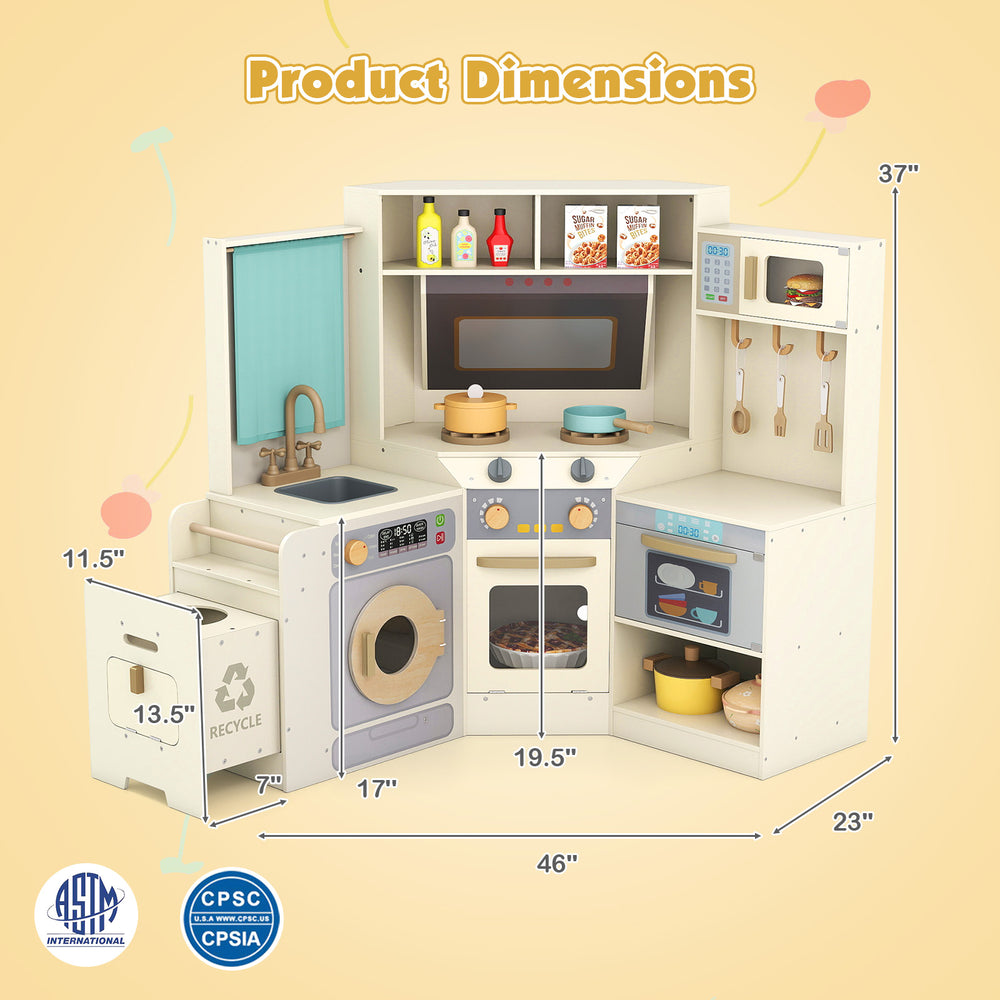 Corner kitchen toy set with lights, sounds, and pull-out trash can, perfect for imaginative play and space-efficient.