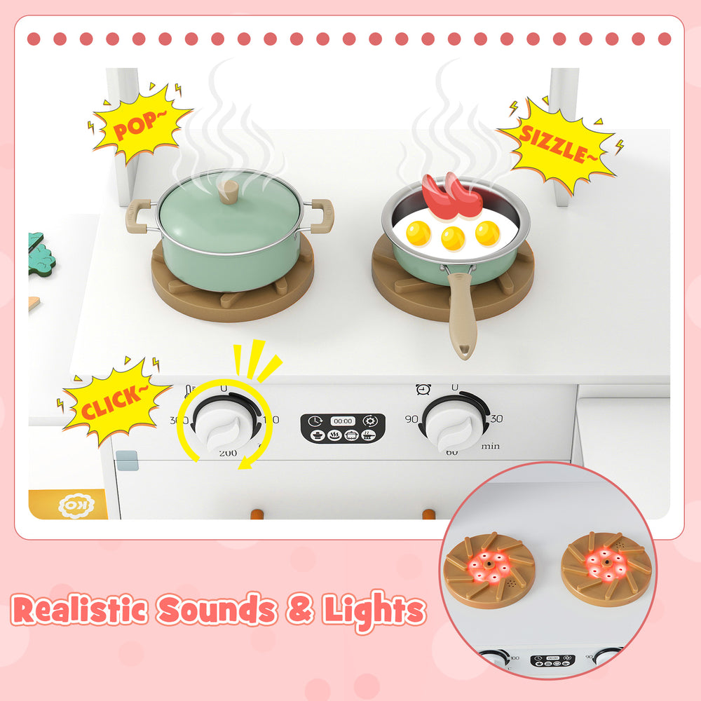 Corner kitchen playset with light-up stoves, realistic sounds, and kid-sized accessories for imaginative play.