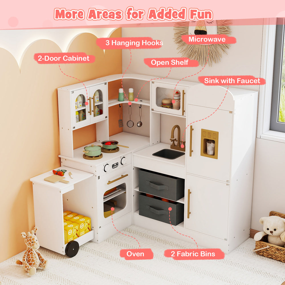 Corner kitchen playset for kids with lights and sounds, featuring a fridge, oven, sink, and ample storage for.