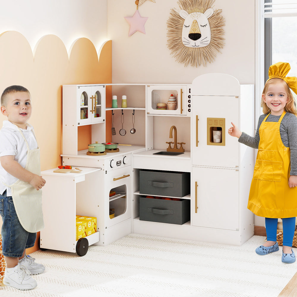 Kids playing with the white Corner Kitchen featuring lights and sounds, designed for imaginative play and organization.