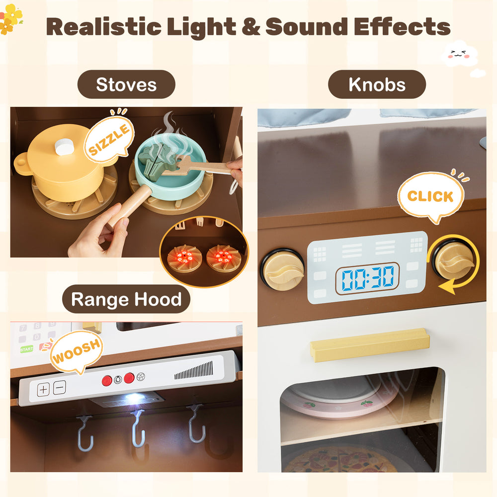 Interactive corner play kitchen features realistic lights and sounds, rotary knobs, and a double-door fridge for.