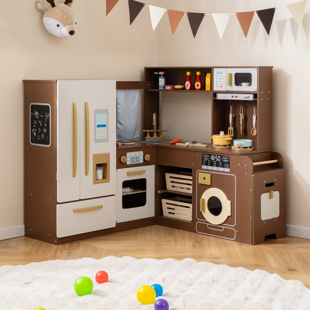 Brown corner play kitchen with lights and sounds, featuring a fridge, stove, sink, and accessories for interactive play.