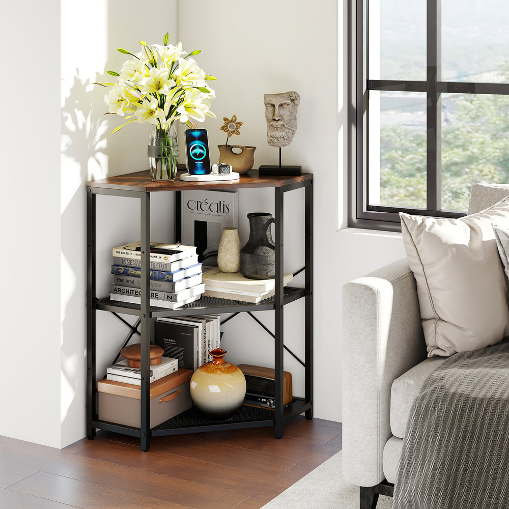 Corner Printer Stand with Power Outlet 3-Tier Storage Rack with Adjustable Shelf-Brown - Gallery View 1 of 10