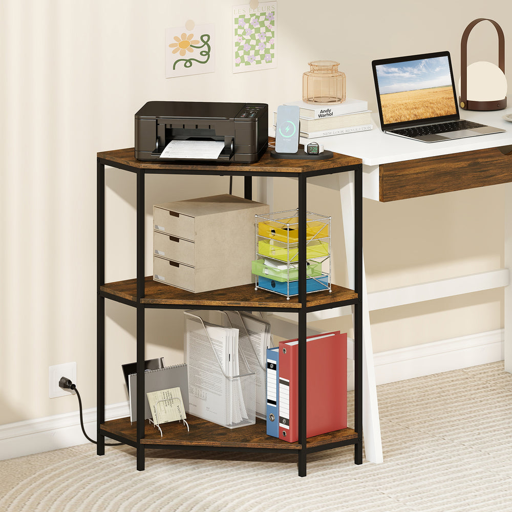3-tier corner printer stand with rustic brown shelves and metal frame, featuring a built-in power strip for home office.