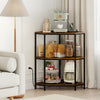 3-tier corner shelf with rustic brown finish, metal frame, and built-in charging station for home office or kitchen use.