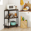 3-tier corner shelf in rustic brown with metal frame, featuring a built-in charging station for home office or kitchen.