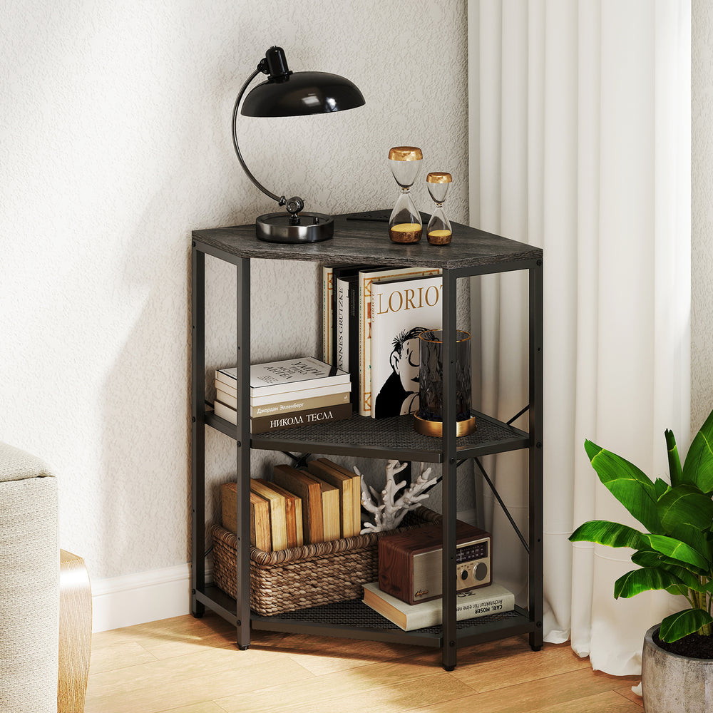 Corner printer stand in black with 3-tier storage, adjustable shelves, and power outlet for efficient office.