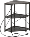 Corner printer stand with black metal frame, 3-tier adjustable shelves, and power outlet for efficient office.