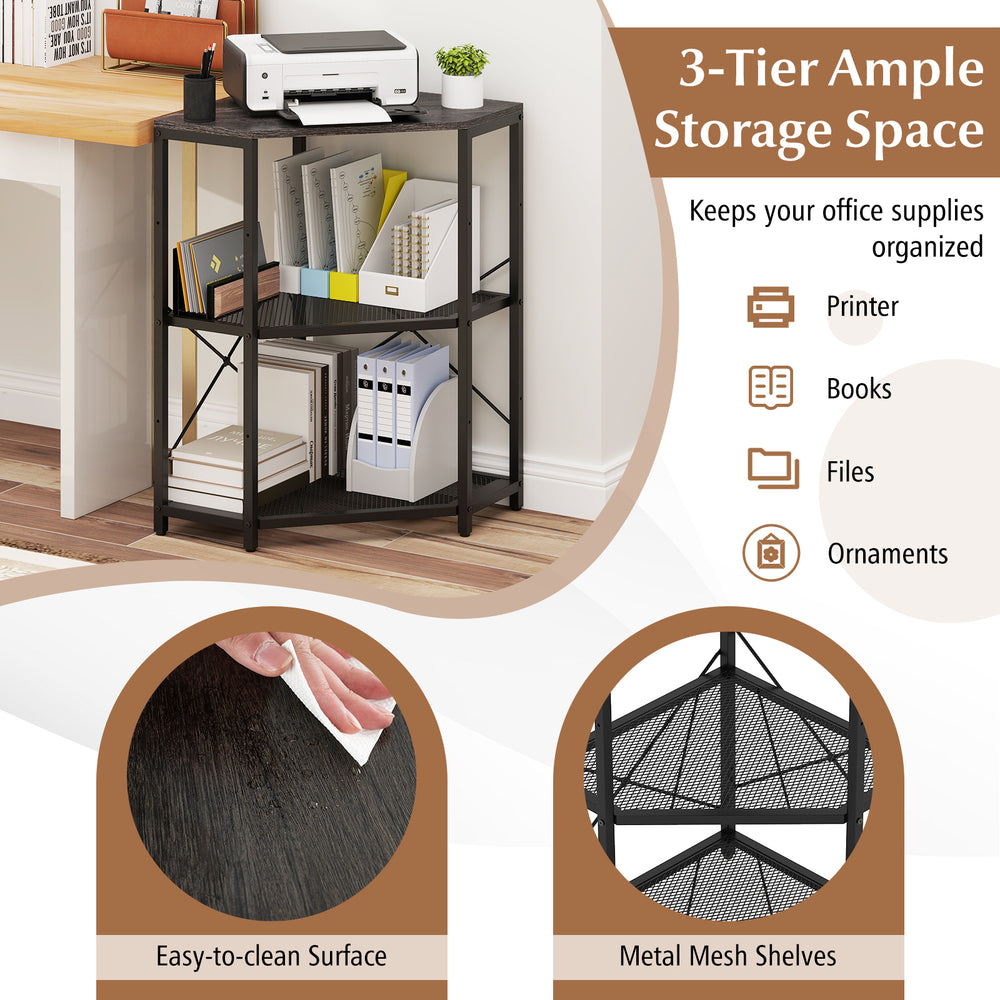 Corner printer stand with 3-tier black metal mesh shelves, power outlet, and adjustable storage for office supplies.