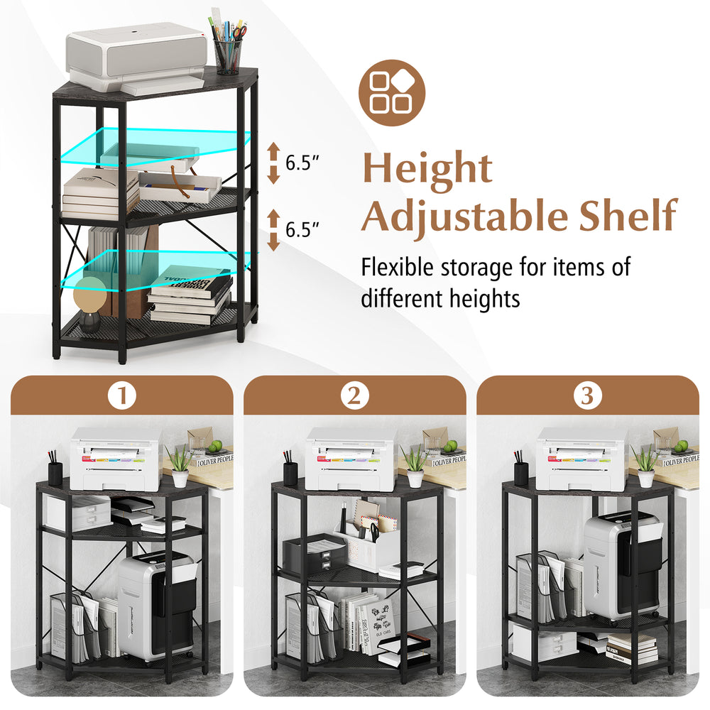 Corner printer stand with adjustable shelves, black metal frame, and power outlet for efficient office storage.