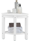 White heavy-duty corner shower bench stool with storage shelf, made of waterproof HDPE, ideal for bathroom use.