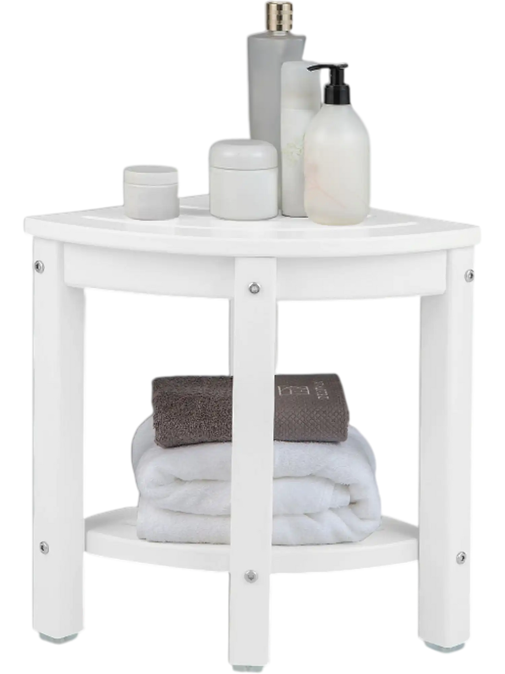 White heavy-duty corner shower bench stool with storage shelf, made of waterproof HDPE, ideal for bathroom use.