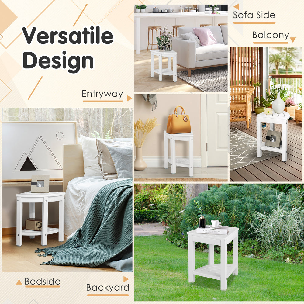 Heavy-duty corner shower bench stool in white, made of waterproof HDPE, perfect for bathroom or outdoor use.