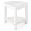 Corner shower bench stool in white, made of waterproof HDPE, featuring a storage shelf and drainage slots for easy.