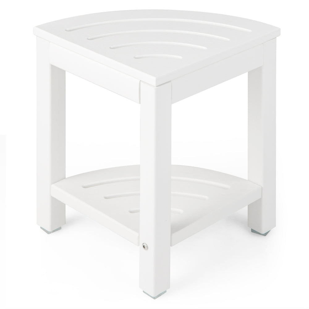 Corner shower bench stool in white, made of waterproof HDPE, featuring a storage shelf and drainage slots for easy.