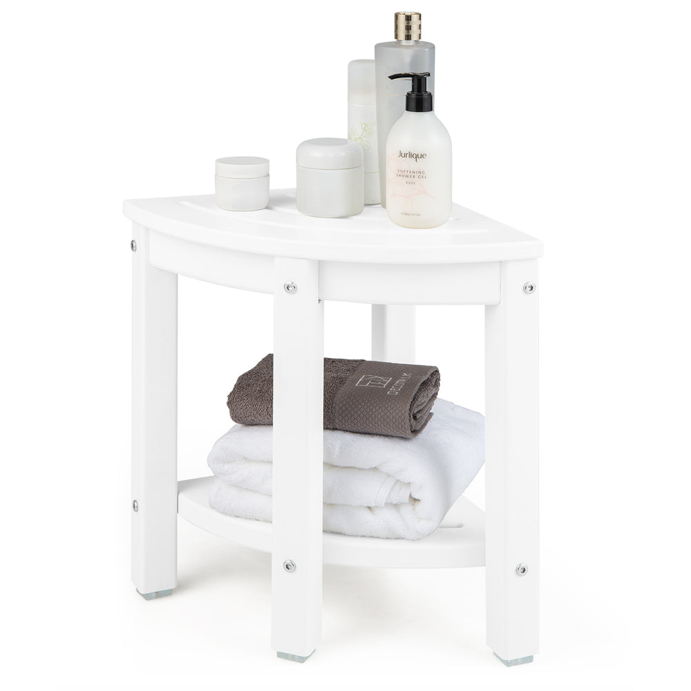 White corner shower bench stool with storage shelf, made from moistureproof HDPE, features non-slip foot pads for.