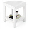 Heavy-duty corner shower bench stool in white with drainage slots, designed for stability and storage in small spaces.