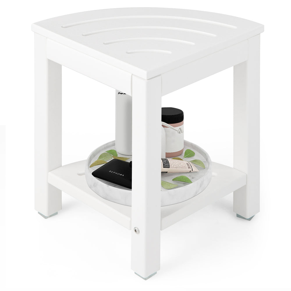 Heavy-duty corner shower bench stool in white with drainage slots, designed for stability and storage in small spaces.