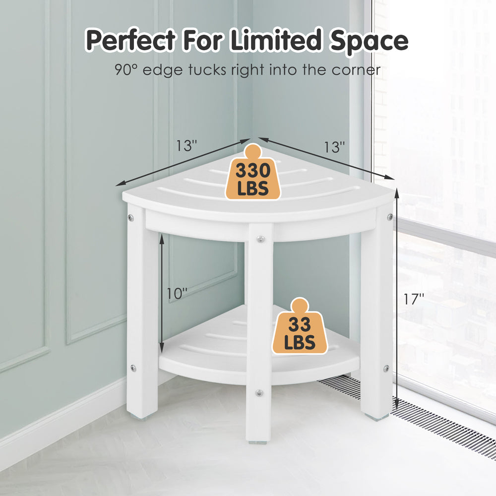 Heavy-duty white corner shower bench with storage shelf, made of waterproof HDPE, perfect for limited space.