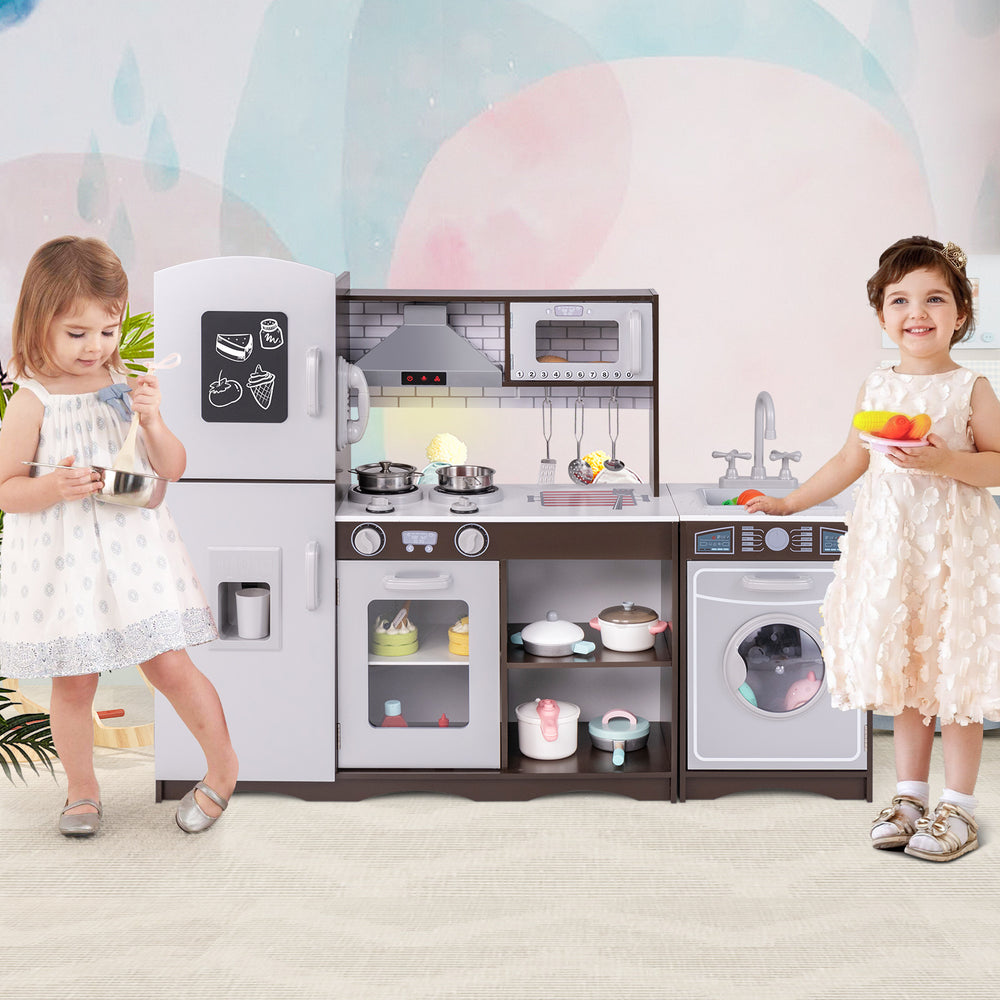 Interactive dark brown corner toy kitchen set with light and sounds, featuring appliances and cookware for imaginative.