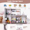 Corner toy kitchen set in dark brown with interactive lights and sounds, featuring ample storage and realistic.