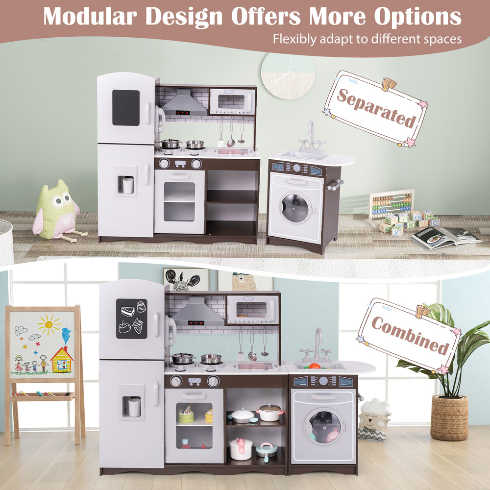 Corner Toy Kitchen Set in dark brown with interactive features, light, sounds, and modular design for imaginative play.