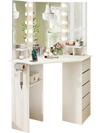 Corner vanity desk in white with a lighted mirror, adjustable brightness, and ample storage for efficient space use.