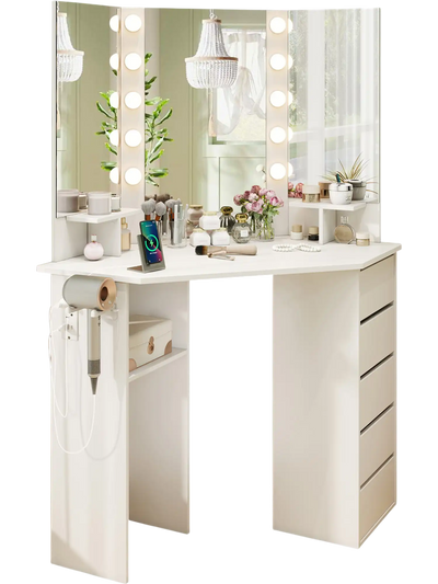Costway Corner Vanity Desk LED Lighted Mirror Power Outlet White 35874621 New