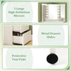 Corner vanity desk featuring three large mirrors, LED lighting, and protective foot pads for floor safety.