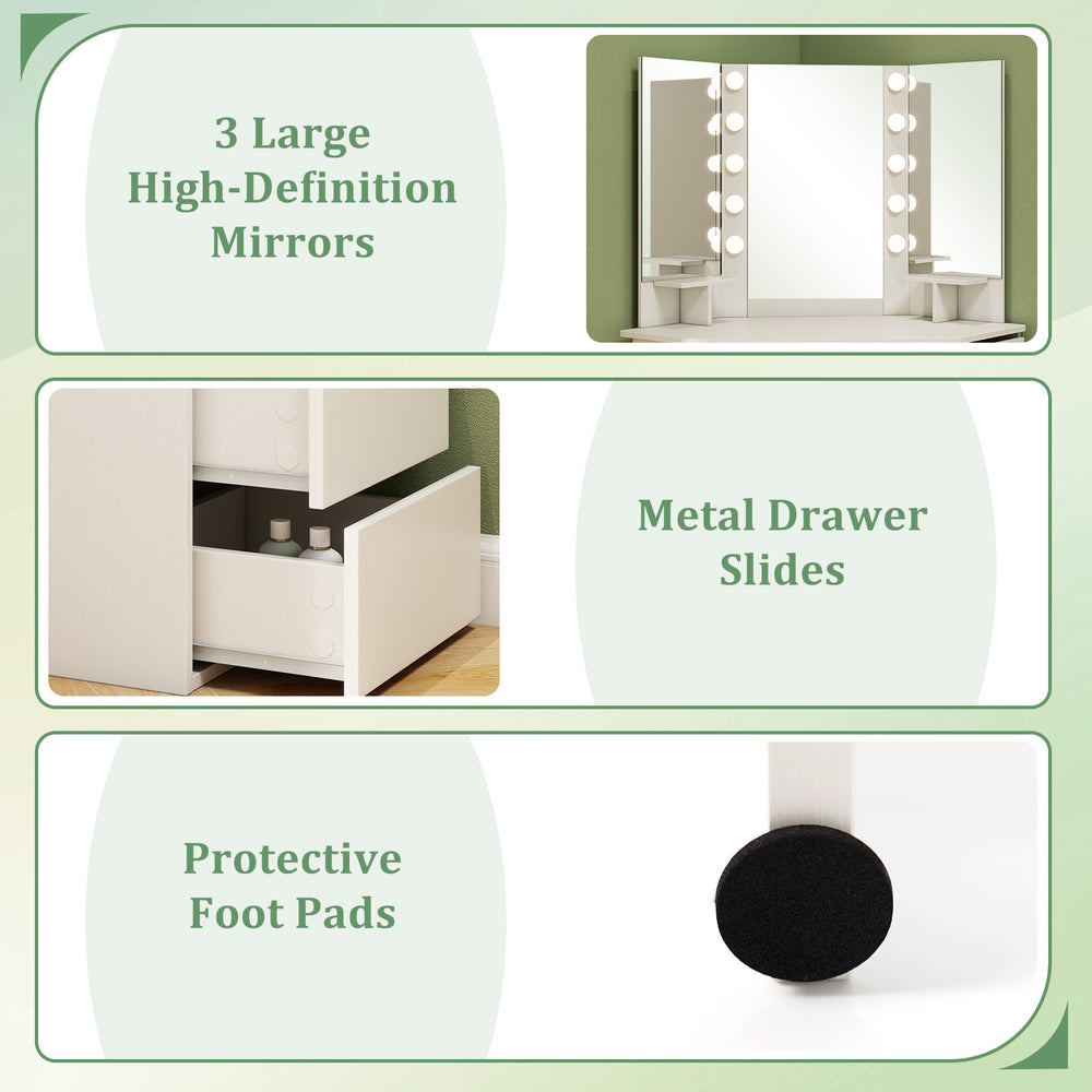 Corner vanity desk featuring three large mirrors, LED lighting, and protective foot pads for floor safety.